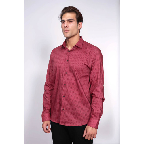 Patterned Slim-Fit Burgundy Men's Shirt