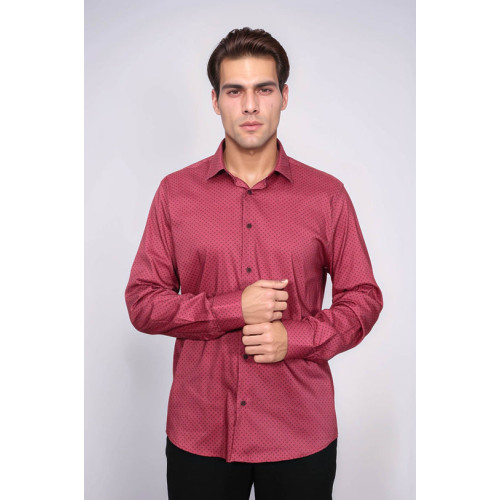 Patterned Slim-Fit Burgundy Men's Shirt