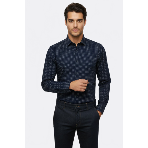 Patterned Slim Fit Navy Blue Shirts For Men