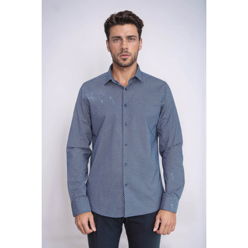 Tiny Check Patterned Slim-Fit Blue Men's Shirt