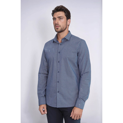 Tiny Check Patterned Slim-Fit Blue Men's Shirt