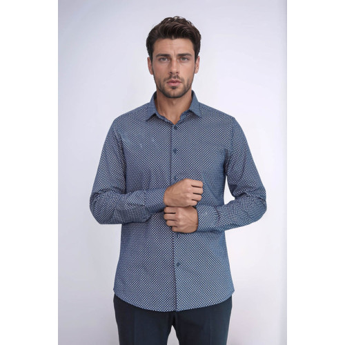 Tiny Check Patterned Slim-Fit Blue Men's Shirt