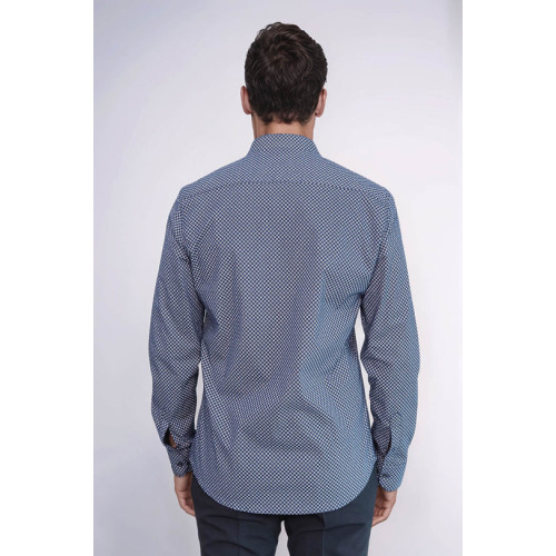 Tiny Check Patterned Slim-Fit Blue Men's Shirt