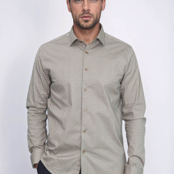 Tiny Check Patterned Slim-Fit Light Brown Men's Shirt