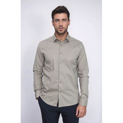 Tiny Check Patterned Slim-Fit Light Brown Men's Shirt