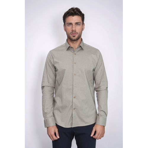 Tiny Check Patterned Slim-Fit Light Brown Men's Shirt