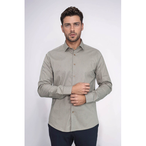 Tiny Check Patterned Slim-Fit Light Brown Men's Shirt