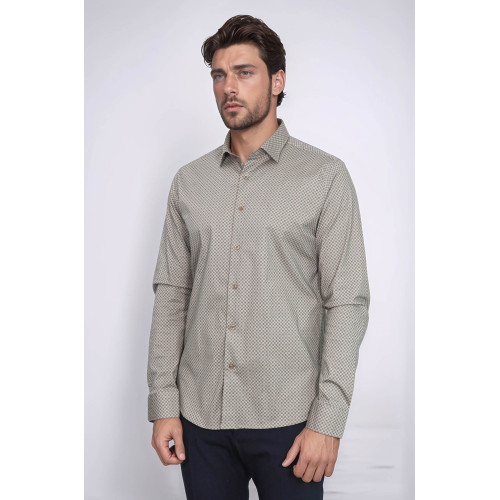 Tiny Check Patterned Slim-Fit Light Brown Men's Shirt