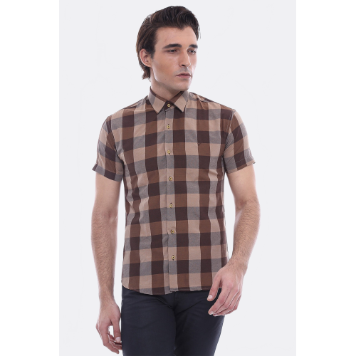 Checked Short-Sleeve Brown Men Shirt