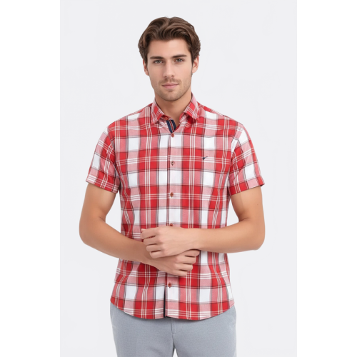 Checked Short-Sleeve Burgundy Men Shirt