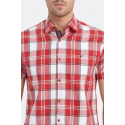 Checked Short-Sleeve Burgundy Men Shirt
