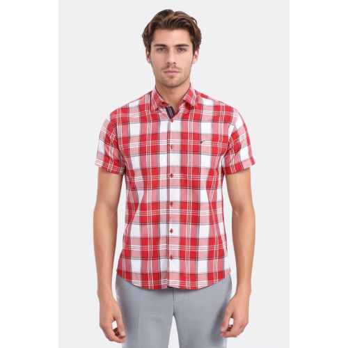 Checked Short-Sleeve Burgundy Men Shirt