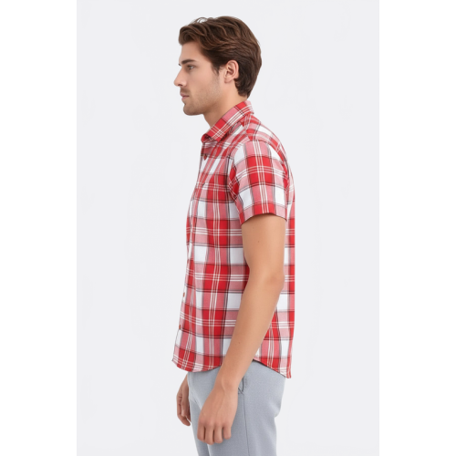 Checked Short-Sleeve Burgundy Men Shirt