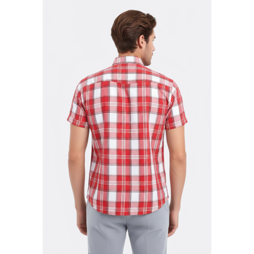 Checked Short-Sleeve Burgundy Men Shirt