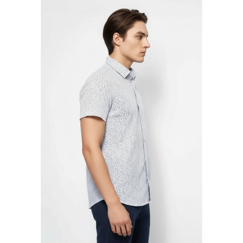 Floral Patterned Short-Sleeve White Men's Shirt | Blue
