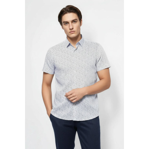 Floral Patterned Short-Sleeve White Men's Shirt | Blue