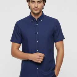 Linen Blend Short Sleeves Navy Blue Men Shirt