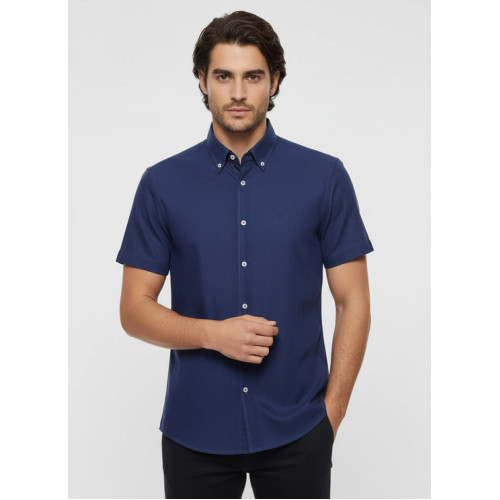 Linen Blend Short Sleeves Navy Blue Men Shirt