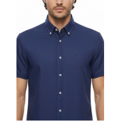 Linen Blend Short Sleeves Navy Blue Men Shirt