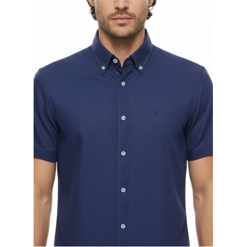 Linen Blend Short Sleeves Navy Blue Men Shirt