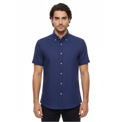 Linen Blend Short Sleeves Navy Blue Men Shirt
