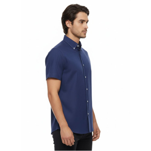 Linen Blend Short Sleeves Navy Blue Men Shirt