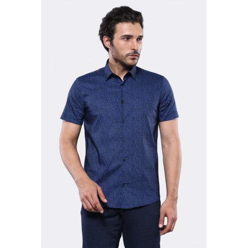 Patterned Short-Sleeves Navy Blue Men's Shirt