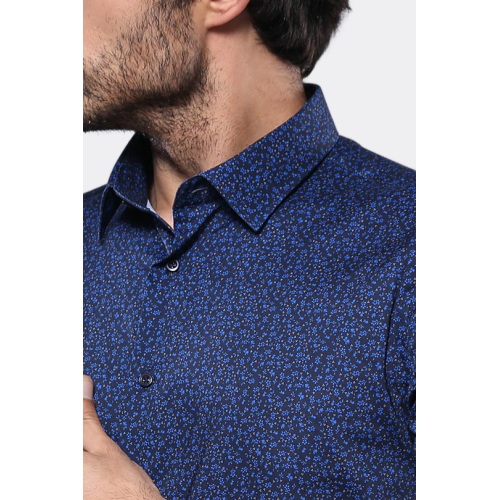 Patterned Short-Sleeves Navy Blue Men's Shirt
