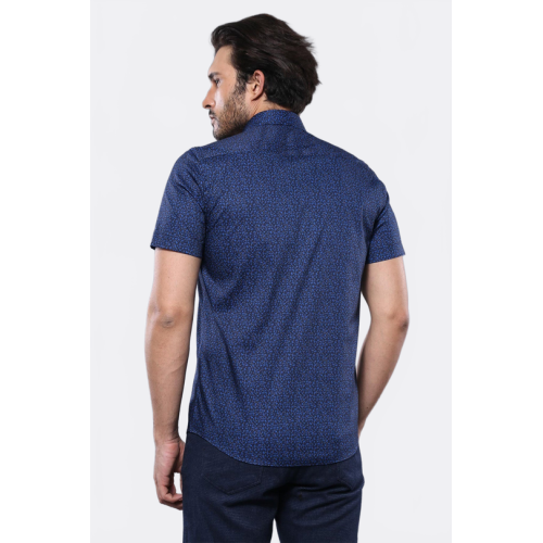 Patterned Short-Sleeves Navy Blue Men's Shirt