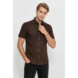 Plain Short-Sleeves Brown Men Shirt