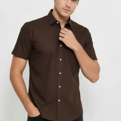 Plain Short-Sleeves Brown Men Shirt