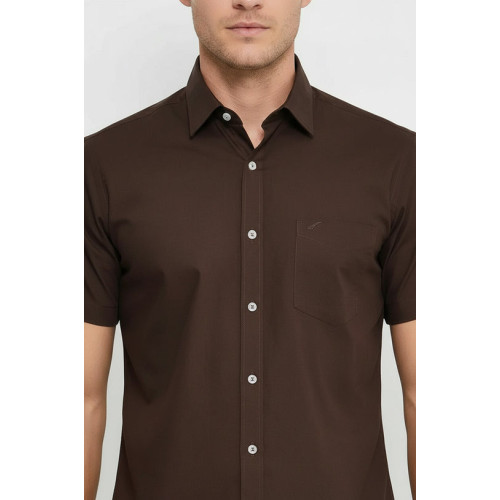 Plain Short-Sleeves Brown Men Shirt