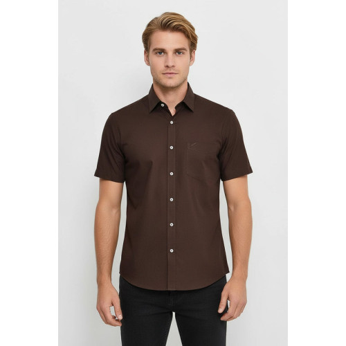 Plain Short-Sleeves Brown Men Shirt