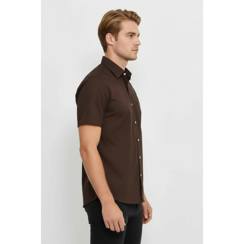 Plain Short-Sleeves Brown Men Shirt