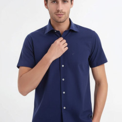 Short-Sleeve Poly Cotton Slim Fit Navy Blue Men Shirt