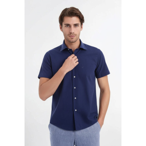 Short-Sleeve Poly Cotton Slim Fit Navy Blue Men Shirt