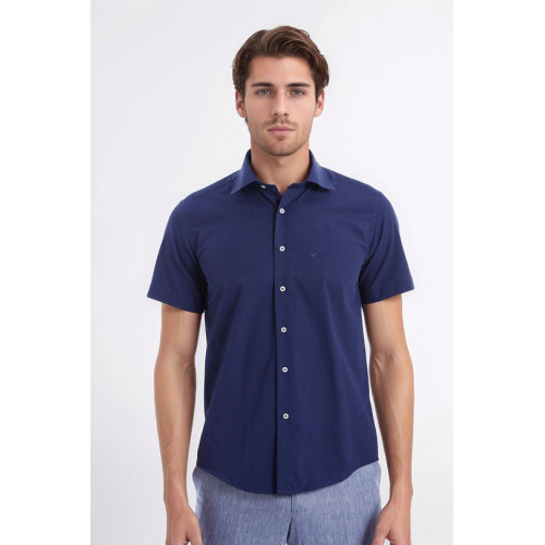 Short-Sleeve Poly Cotton Slim Fit Navy Blue Men Shirt