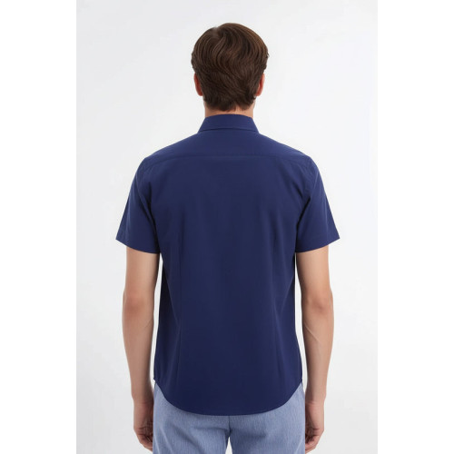 Short-Sleeve Poly Cotton Slim Fit Navy Blue Men Shirt
