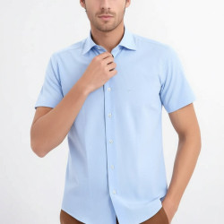 Slim-Fit Short-Sleeve Poly Cotton Blue Men's Shirt