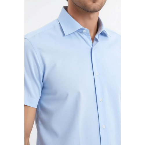 Slim-Fit Short-Sleeve Poly Cotton Blue Men's Shirt
