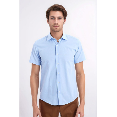Slim-Fit Short-Sleeve Poly Cotton Blue Men's Shirt