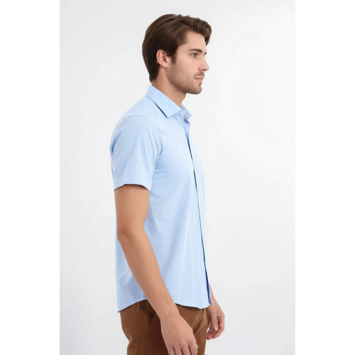 Slim-Fit Short-Sleeve Poly Cotton Blue Men's Shirt