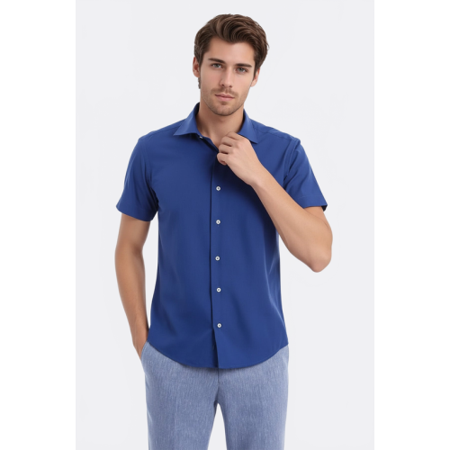 Slim-Fit Short-Sleeve Poly Cotton Navy Blue Men's Shirt
