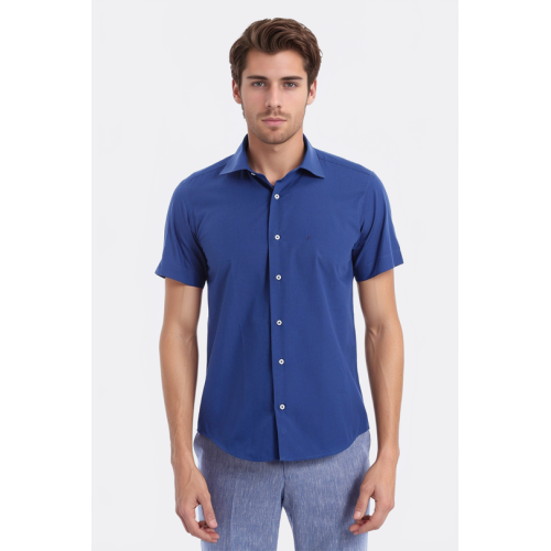 Slim-Fit Short-Sleeve Poly Cotton Navy Blue Men's Shirt