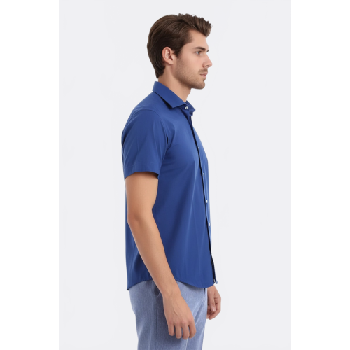 Slim-Fit Short-Sleeve Poly Cotton Navy Blue Men's Shirt
