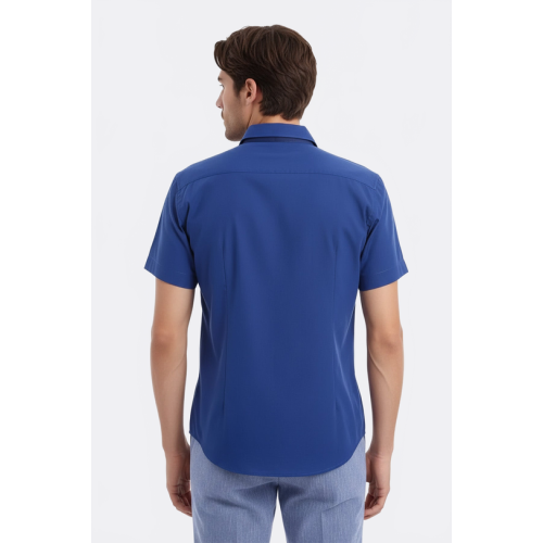 Slim-Fit Short-Sleeve Poly Cotton Navy Blue Men's Shirt