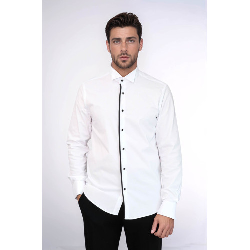 Black Stripe Detailed White Men Tuxedo Shirt