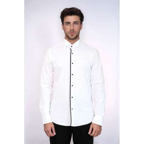 Black Stripe Detailed White Men Tuxedo Shirt