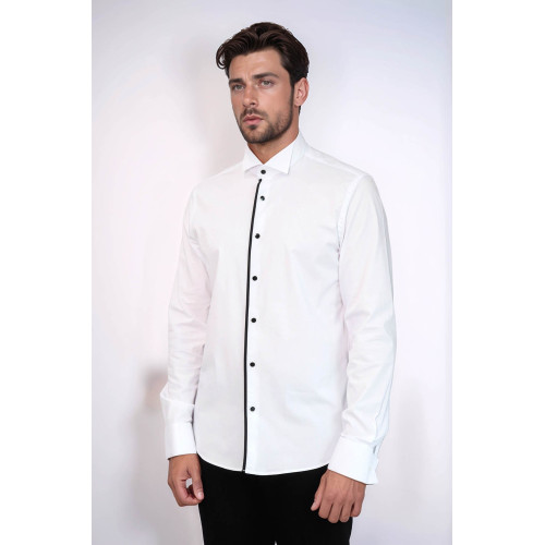 Black Stripe Detailed White Men Tuxedo Shirt