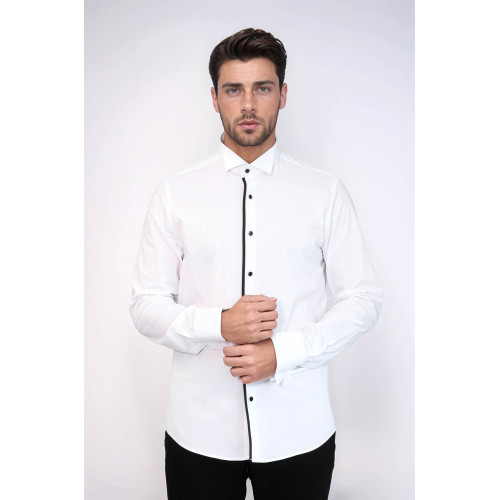 Black Stripe Detailed White Men Tuxedo Shirt